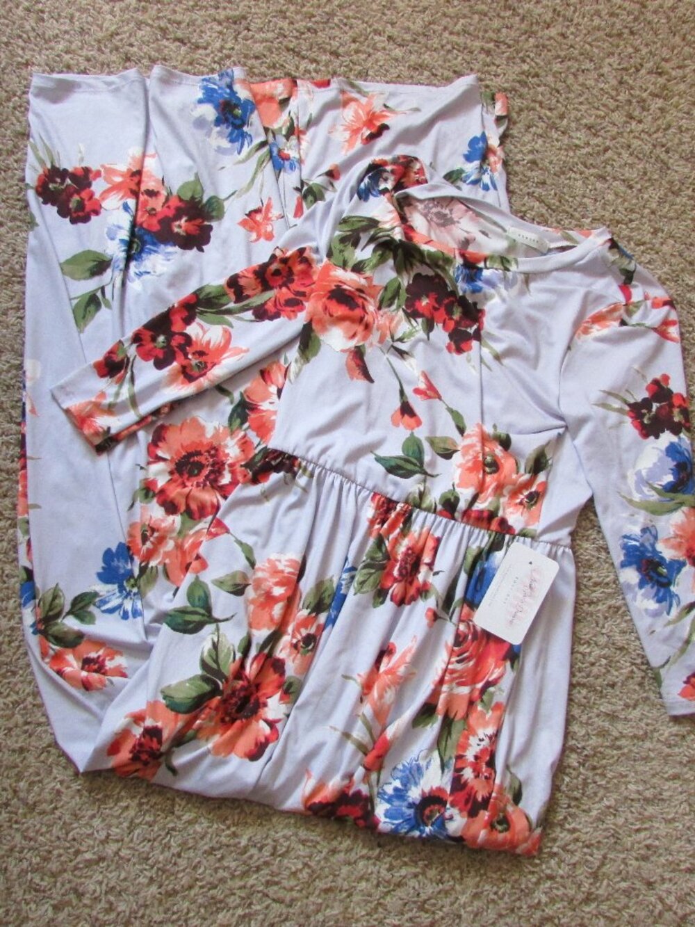 NWT Reborn J Medium Light Blue Floral Knit Maxi Dress Crew Neck Stretch